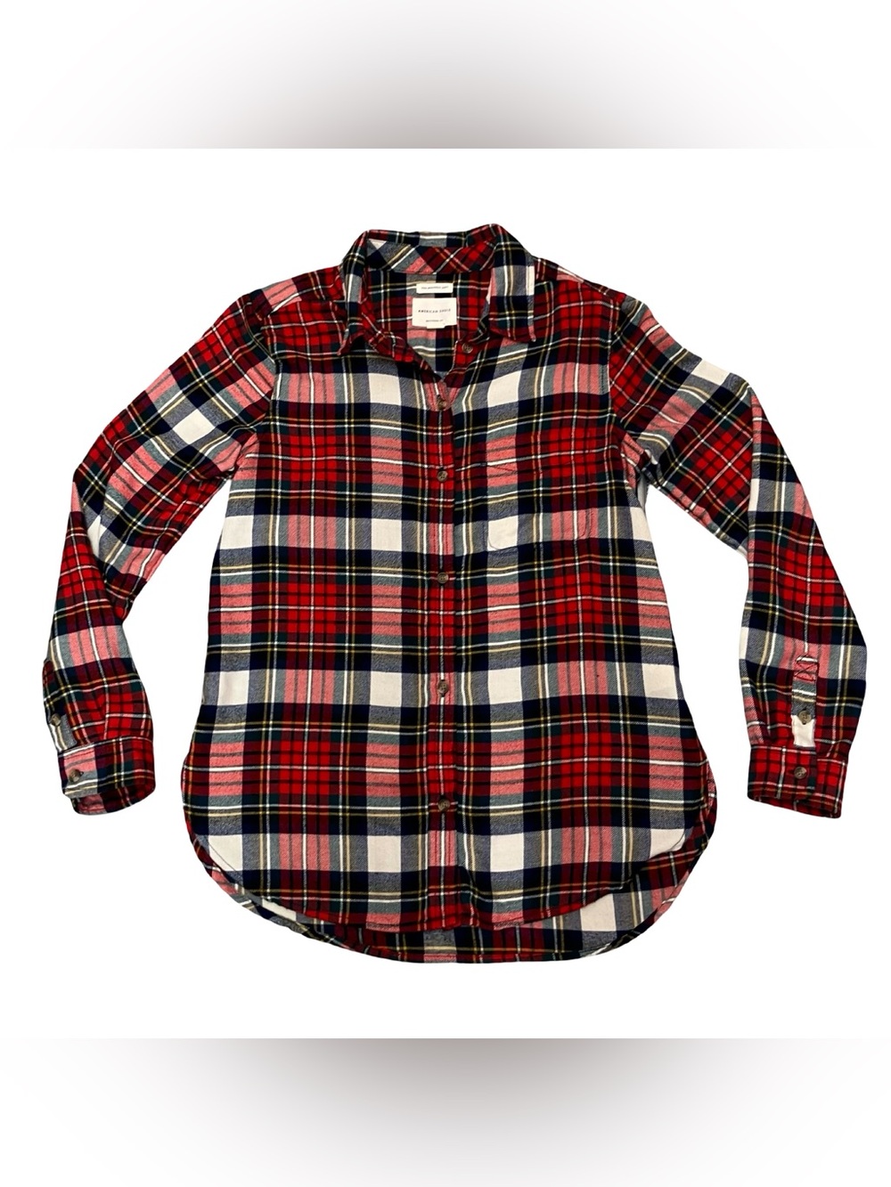 American Eagle Outfitters Red Navy White Plaid Button-Up Shirt